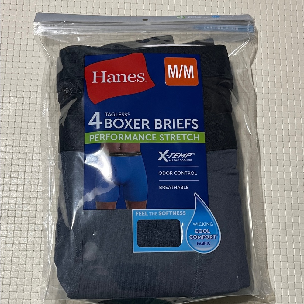 4 Pair Tagless‎ Hanes Men's Boxer Briefs  Performance Stretch Medium